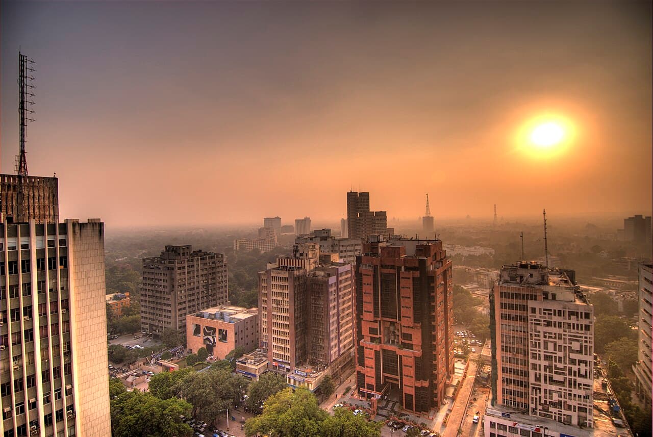 Connaught Place office towers at sunset, New Delhi