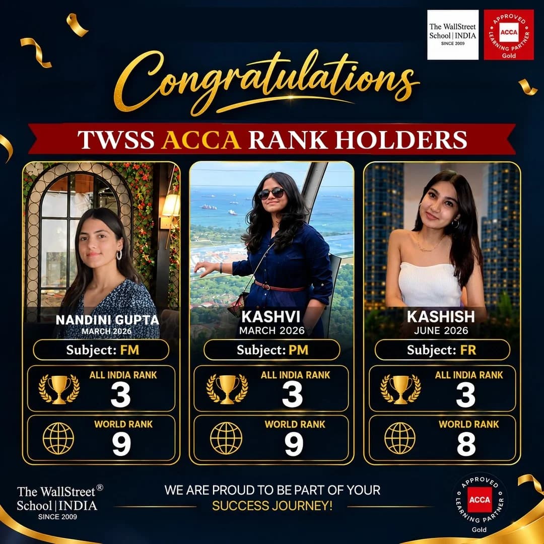 Congratulations to TWSS ACCA rank holders — Nandini Gupta (FM, All India Rank 3, World Rank 9), Kashvi (PM, All India Rank 3, World Rank 9) and Kashish (FR, All India Rank 3, World Rank 8)